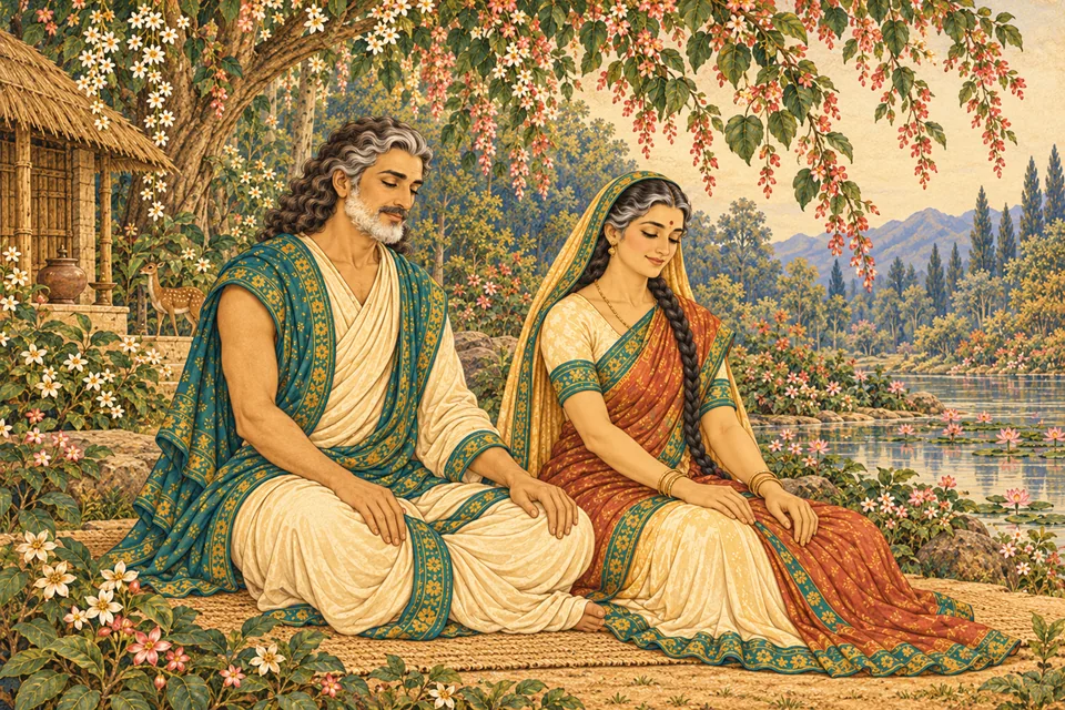Manu and Shatarupa dwell quietly at the hermitage, holding the gracious Lord in their hearts after He disappears from sight.