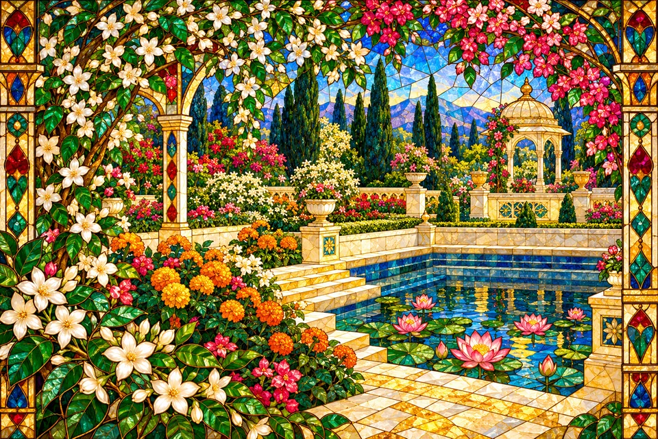 A flower garden and stepped water reservoir represent the works Pratapbhanu caused to be built.