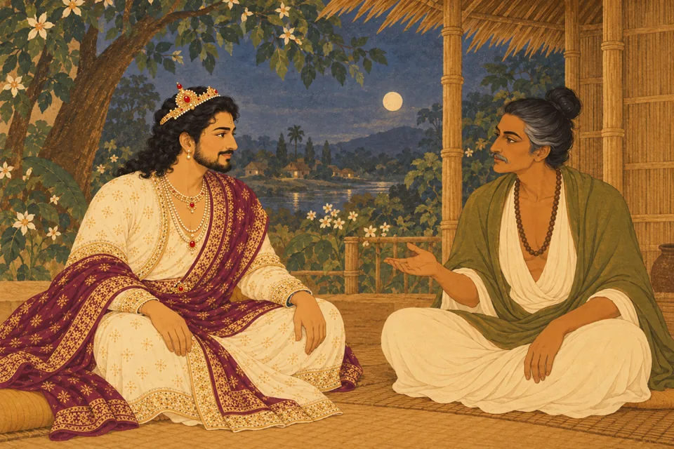 The disguised former king speaks his promises and secrecy claims while Pratapbhanu listens.