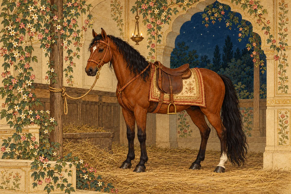 Pratapbhanu’s horse stands properly tethered in the stable after its return home.