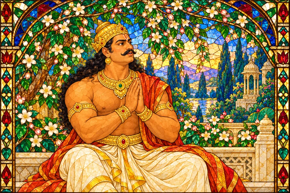 Kumbhakarna, awake, requests six months of sleep after Sarasvati changes his mind at Brahma’s prompting.