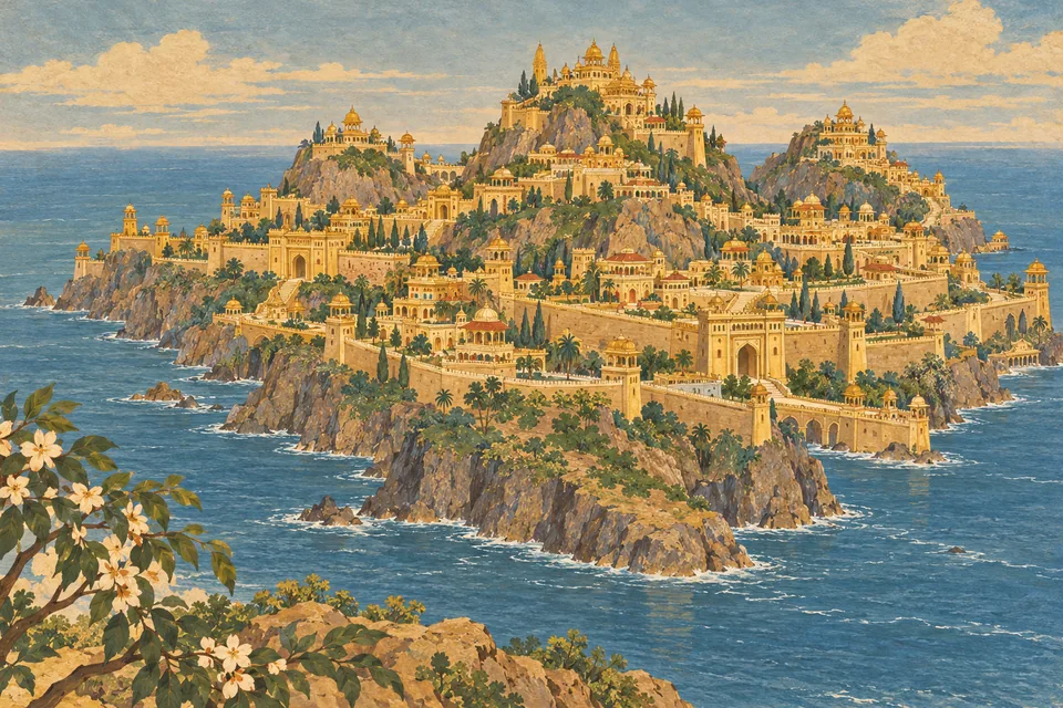 An imagined view of sea-surrounded Trikut and golden Lanka, embellished by Maya with jewel mansions.