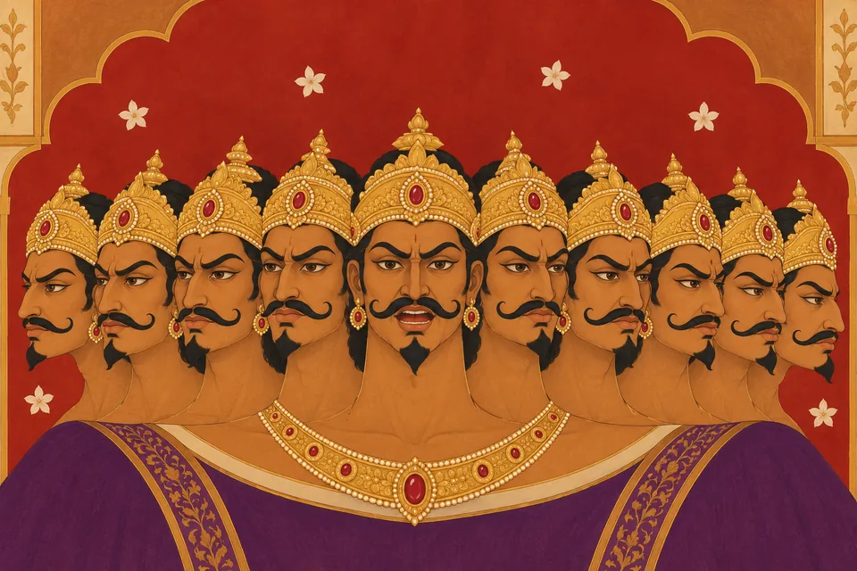Ten-faced Ravana speaks proudly and angrily to his assembled host; his twenty arms are outside the portrait crop.