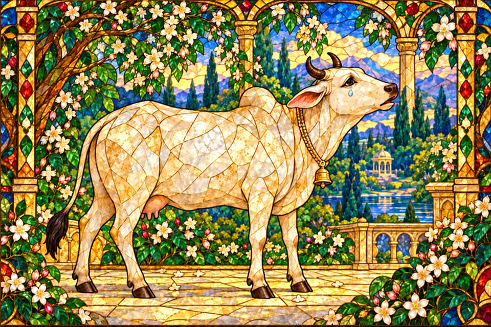 Earth takes a cow’s form and weeps while seeking help from the assembled gods and sages.