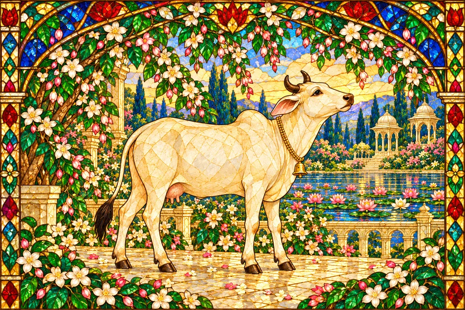 Earth, in her cow form, gains courage and trust after the heavenly promise and Brahma’s reassurance.