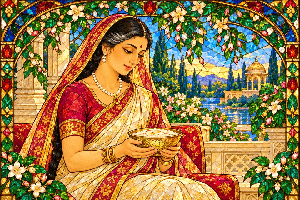 Kaushalya holds her share of the sacred charu given by Dasharatha.
