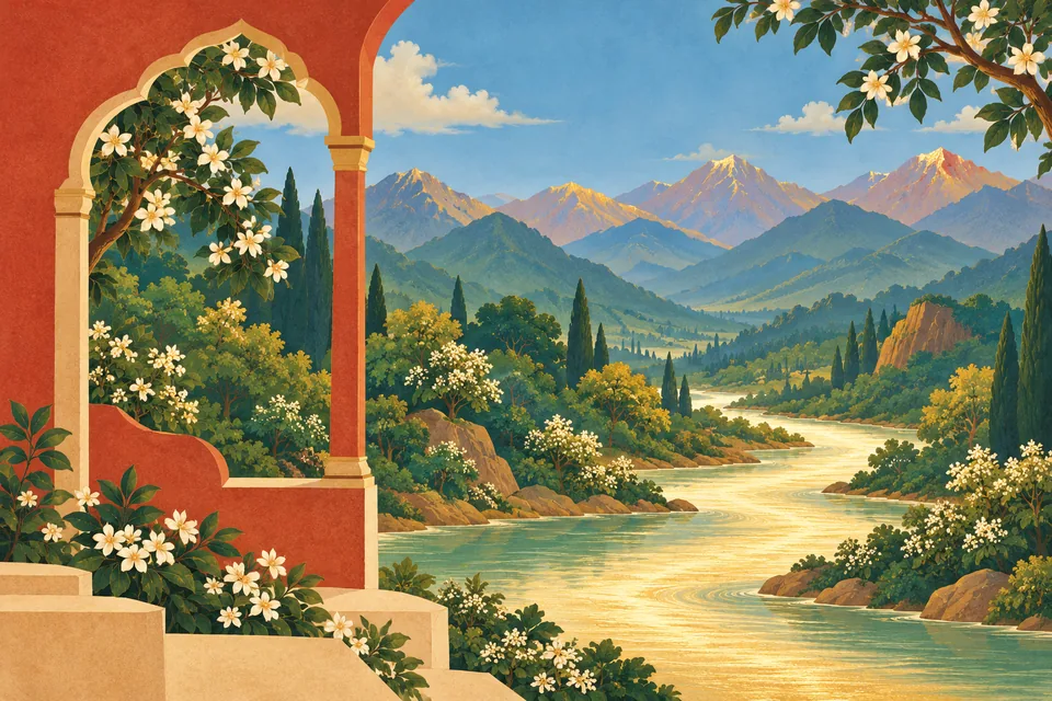 Flowering forests and golden mountains surround a gently flowing river at the auspicious birth occasion.