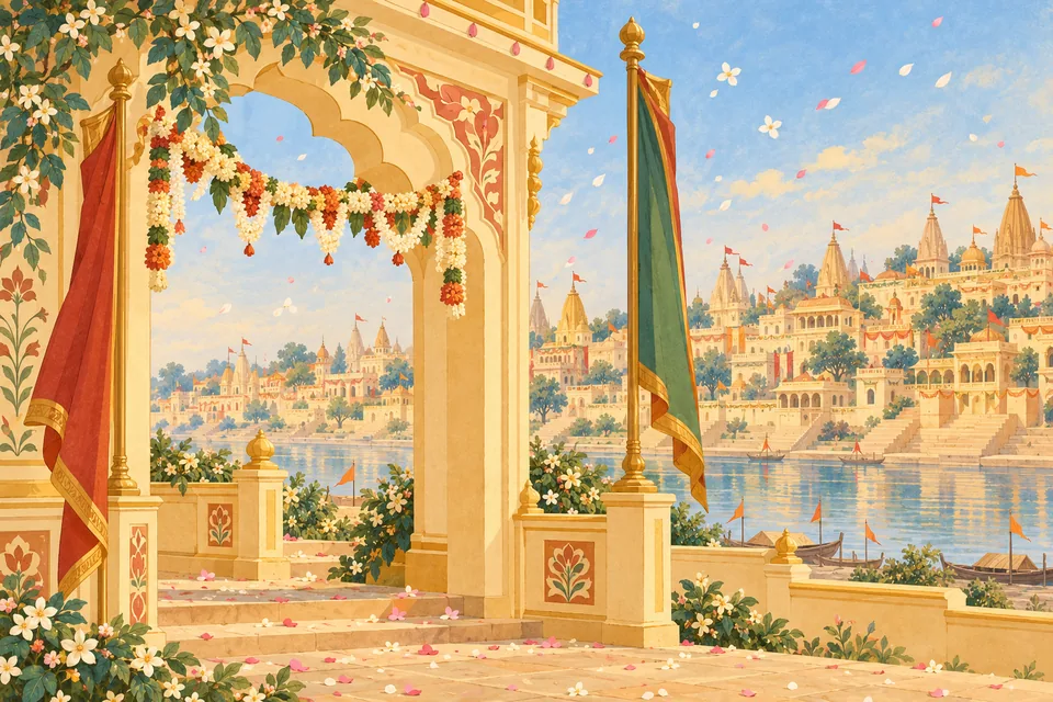 Flags, banners and a floral toran decorate imagined Ayodhya as flowers shower from the sky.