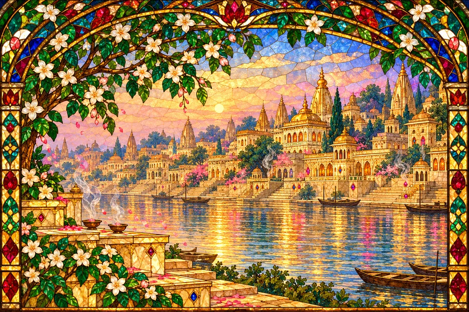 Imagined Ayodhya glows through incense and rosy abir haze, with palace jewels and a golden roof finial evoking the verse’s twilight simile.