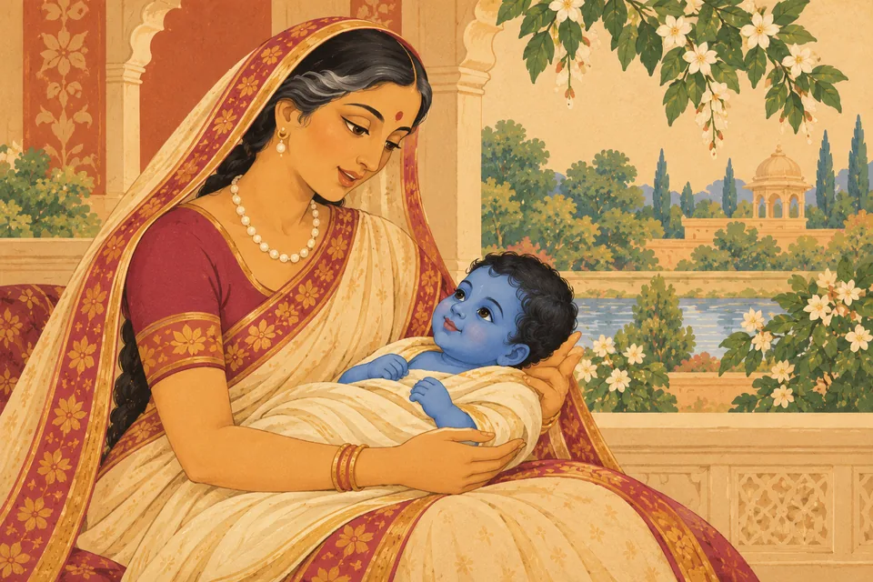 Kaushalya cradles the smiling infant Rama in her lap and calls him her dear little one.