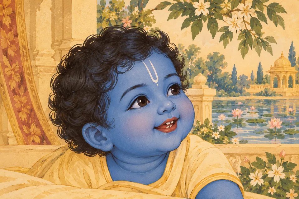 Infant Rama smiles, with soft dark curls, small milk teeth and a yellow garment.
