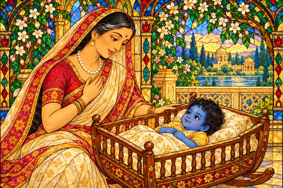 Kaushalya gently rocks infant Rama in a cradle.