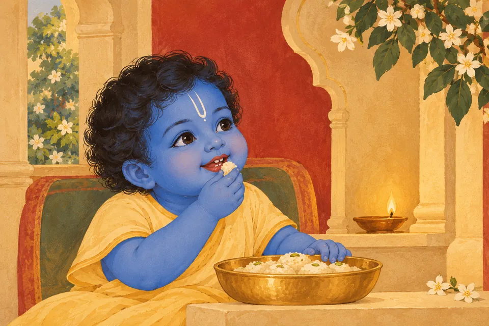 Infant Rama eats the food offered in the family shrine.