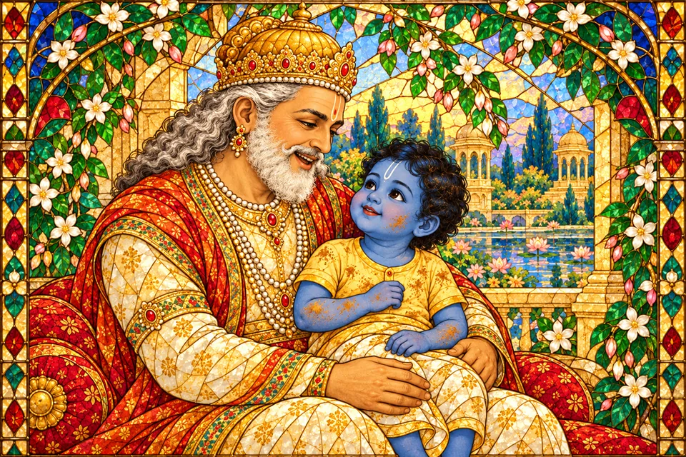 Dasharatha laughs and seats dusty young Rama in his lap after the child returns from play.