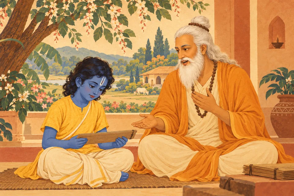 Young Rama studies at the guru’s house, while the sage teaches with a gentle gesture.