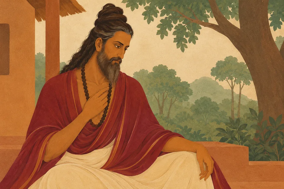 Vishvamitra sits thoughtfully at his forest hermitage before seeking the Lord’s help.