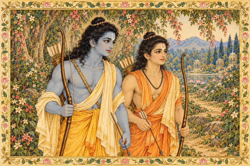 Young Rama and Lakshmana stand with bows, arrows and quivers, the dark and fair brothers praised by the verse.