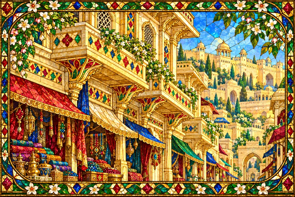 Gem-decorated architectural overhangs adorn Videha’s beautiful markets.