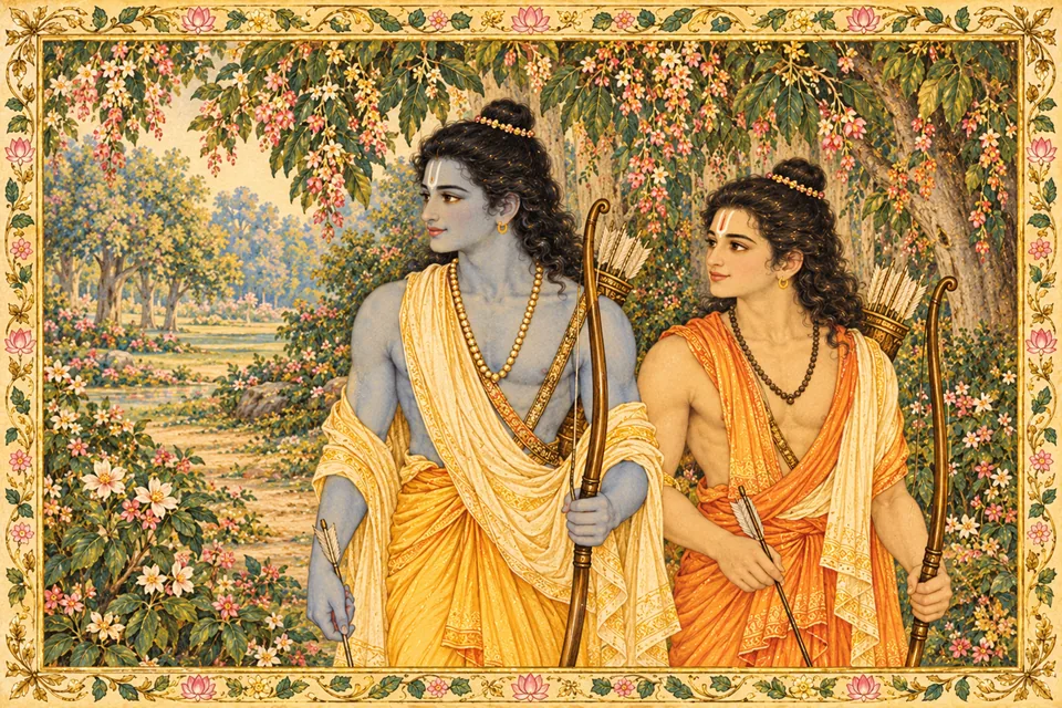 Rama and Lakshmana return from viewing the flower garden, their youthful dark and fair forms delighting the gathering.