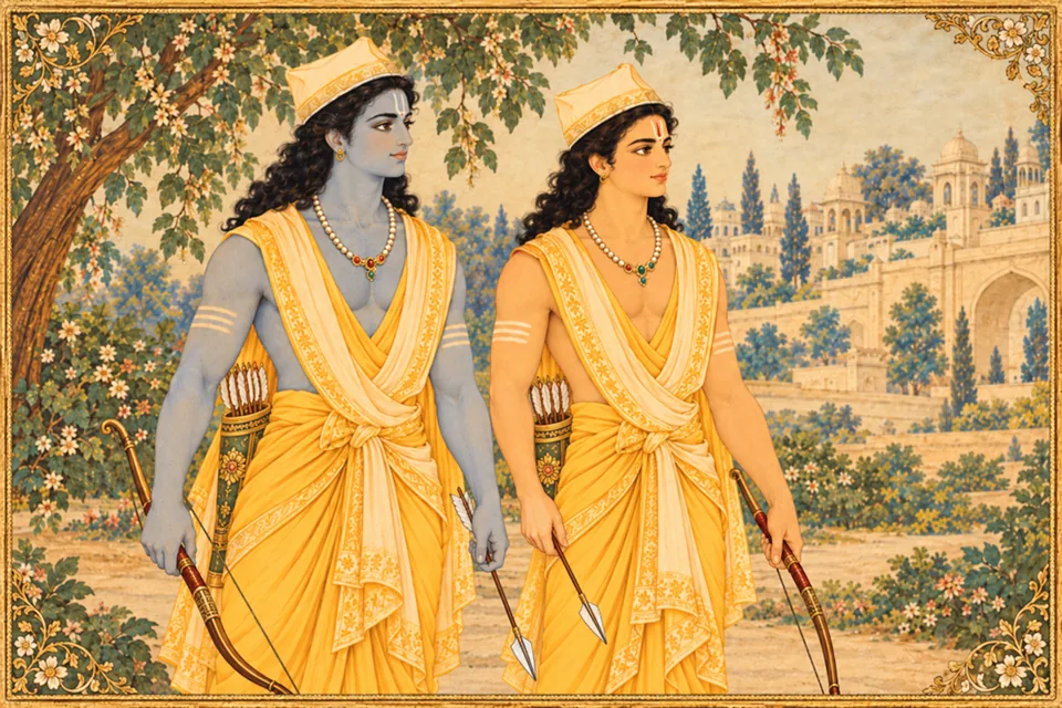 Rama and Lakshmana on their city visit, in yellow garments with waist quivers and bows and arrows in their hands.