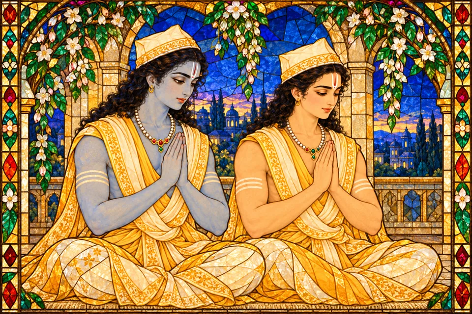 At the Guru’s command as night begins, Rama and Lakshmana join in evening devotion before the later service and rest.