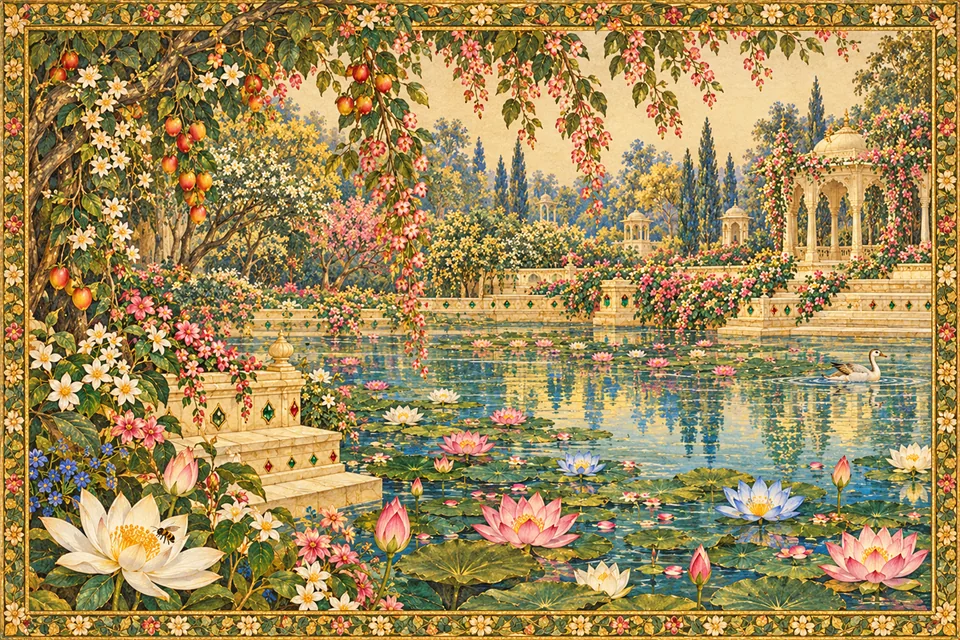 The king’s garden lake has clear water, multicolored lotuses and jeweled steps, with waterbirds calling and bees humming.