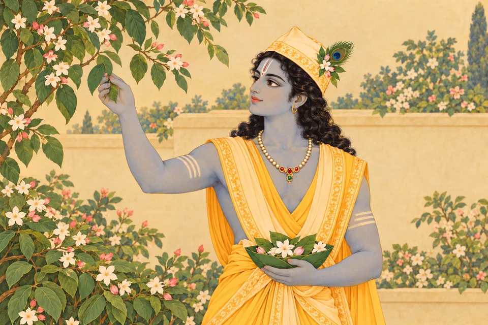 After asking the gardeners, the brothers joyfully gather leaves and flowers; Rama is shown picking a leaf beside his flower-filled leaf bowl.