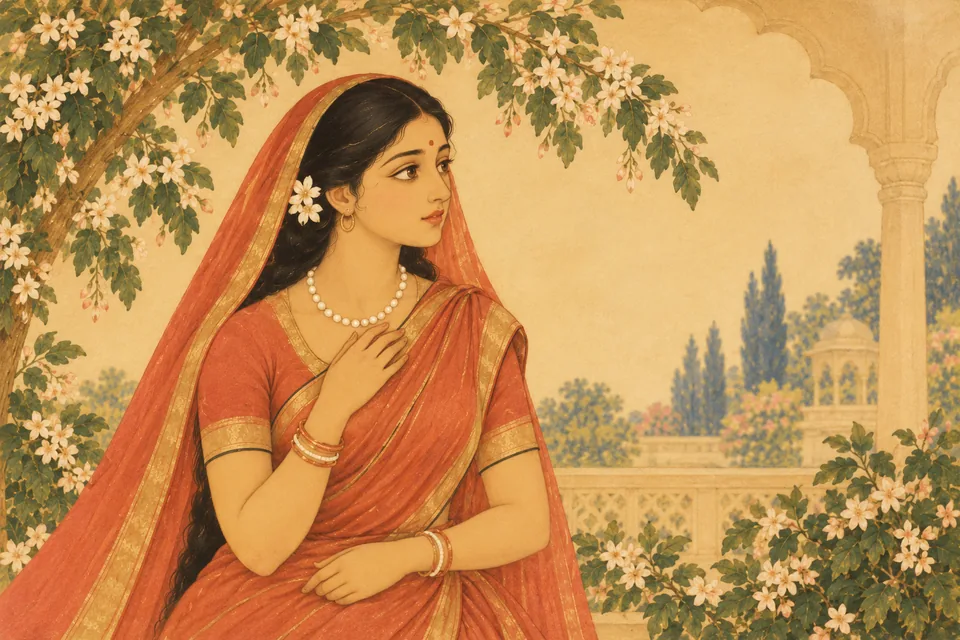Encouraged by her friend, Sita shyly opens her eyes to behold both princes, remembering her father’s vow.