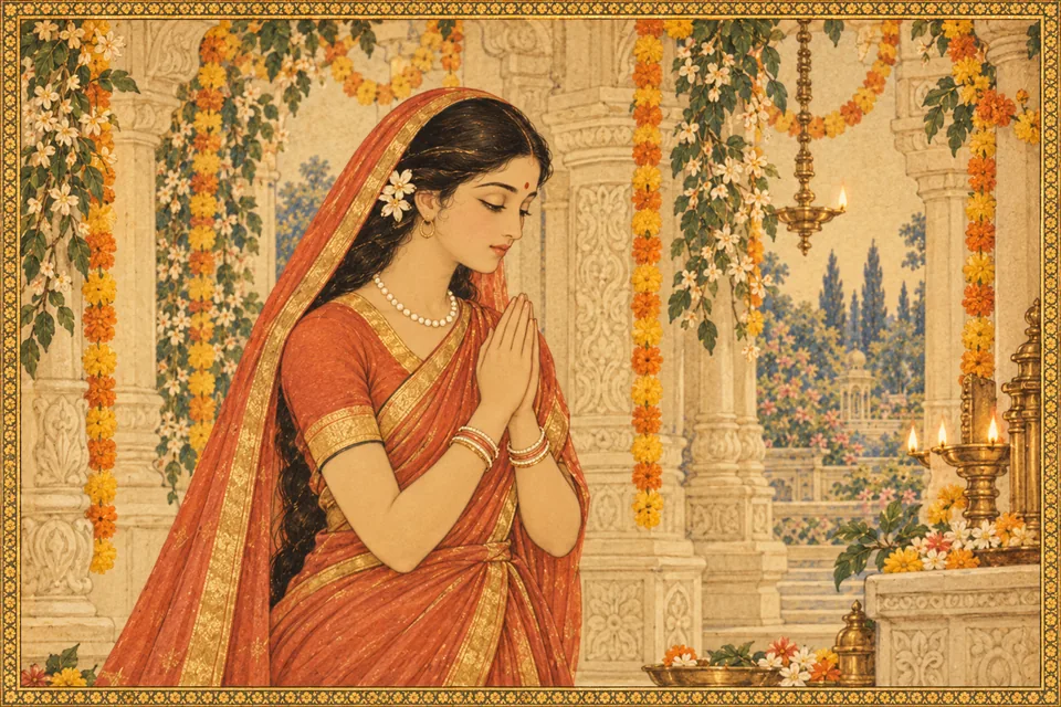 Returning to Bhavani’s temple, Sita bows and offers praise with folded hands.