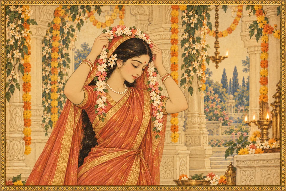 Sita reverently places Bhavani’s fallen garland on her head, receiving it as prasada.