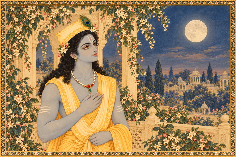 After evening devotion, Rama beholds the rising moon, then reflects that it cannot equal Sita’s face.