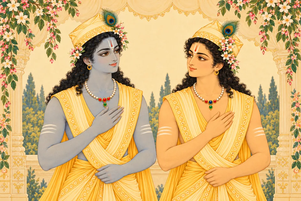 Rama and Lakshmana arrive at the royal assembly, dark and fair, as viewers respond according to their own disposition.