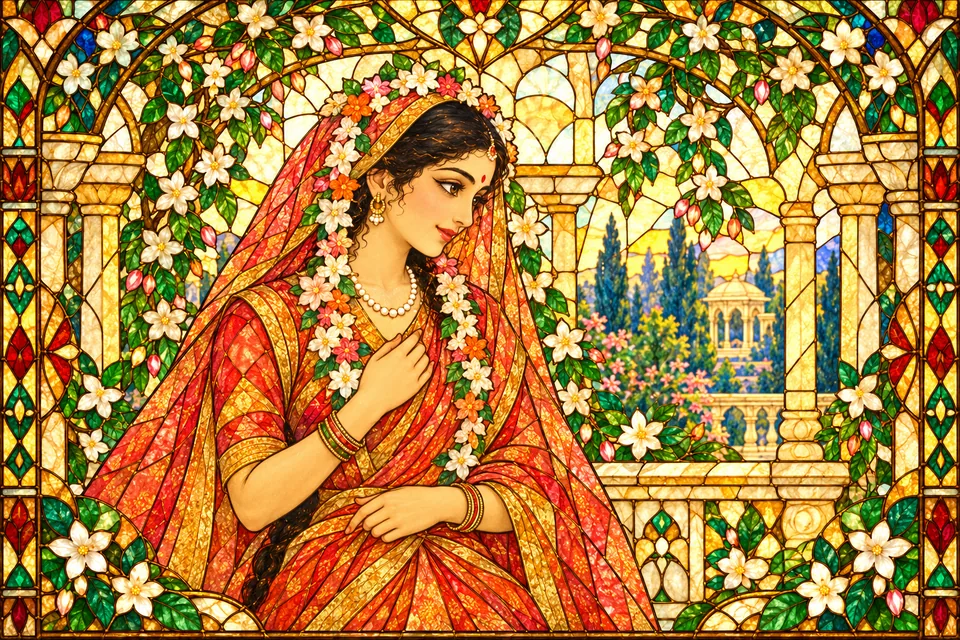 Sita gazes toward Rama with affection she feels in her heart and cannot put into words.