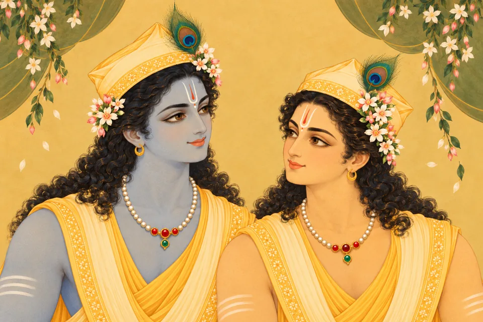 The two princes’ faces, tilak marks, dark curls and yellow square caps with flower buds delight the beholder.