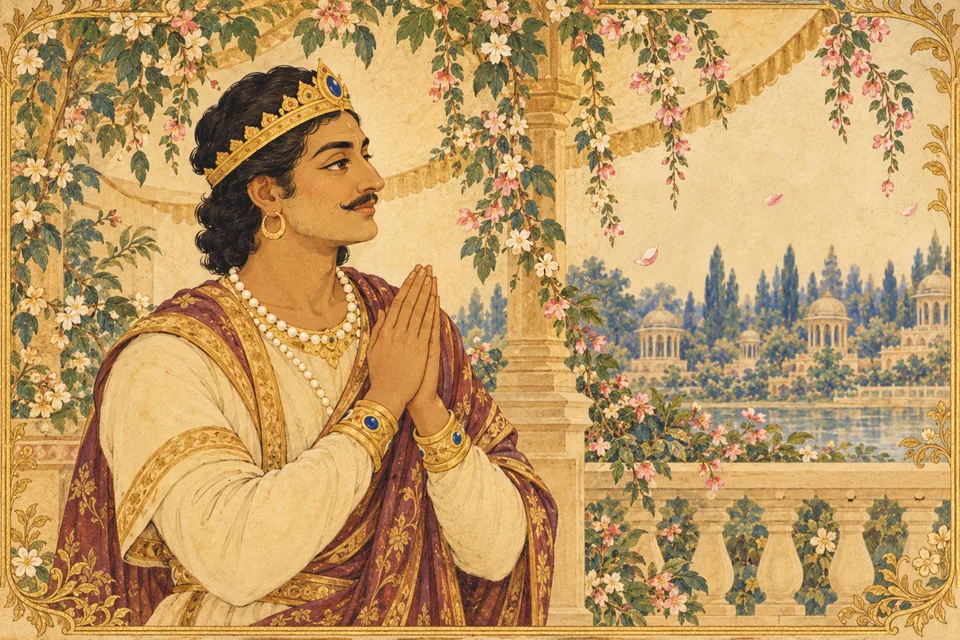 A good king gazes reverently at the princes after counseling others to recognize Sita as World-Mother and Rama as World-Father.
