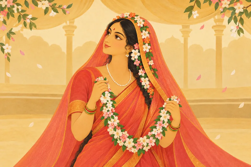 Sita holds the victory garland in lotus-like hands and eagerly looks toward the two brothers seated near the sage.