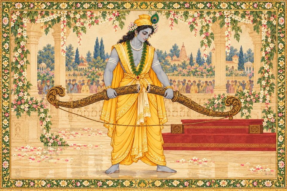 Rama breaks Shiva’s bow at its middle, filling the worlds with a tremendous sound.