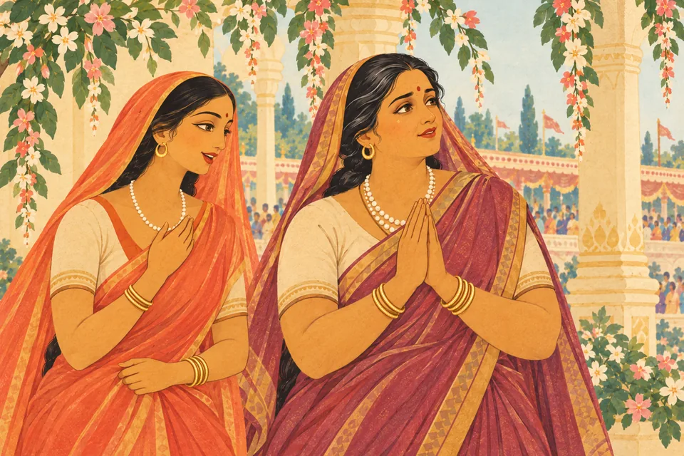 The queen and a companion rejoice after the bow breaks; the source compares their joy to water reaching drying rice.