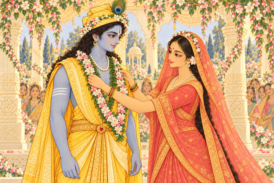 Sita places the victory garland at Rama’s chest as her companions sing.