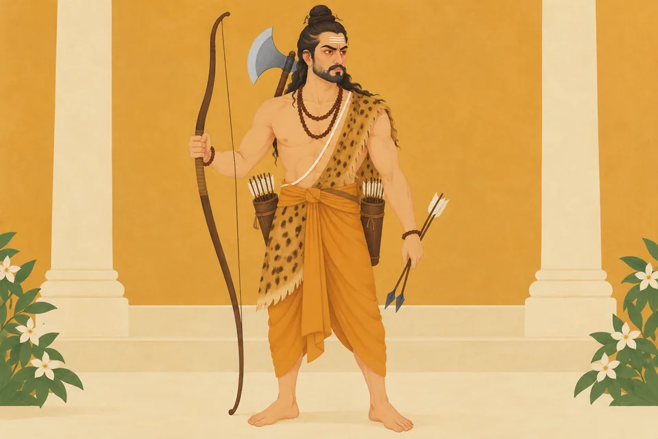 Parashurama arrives in sage garments, carrying his bow and arrows with an axe on his shoulder.