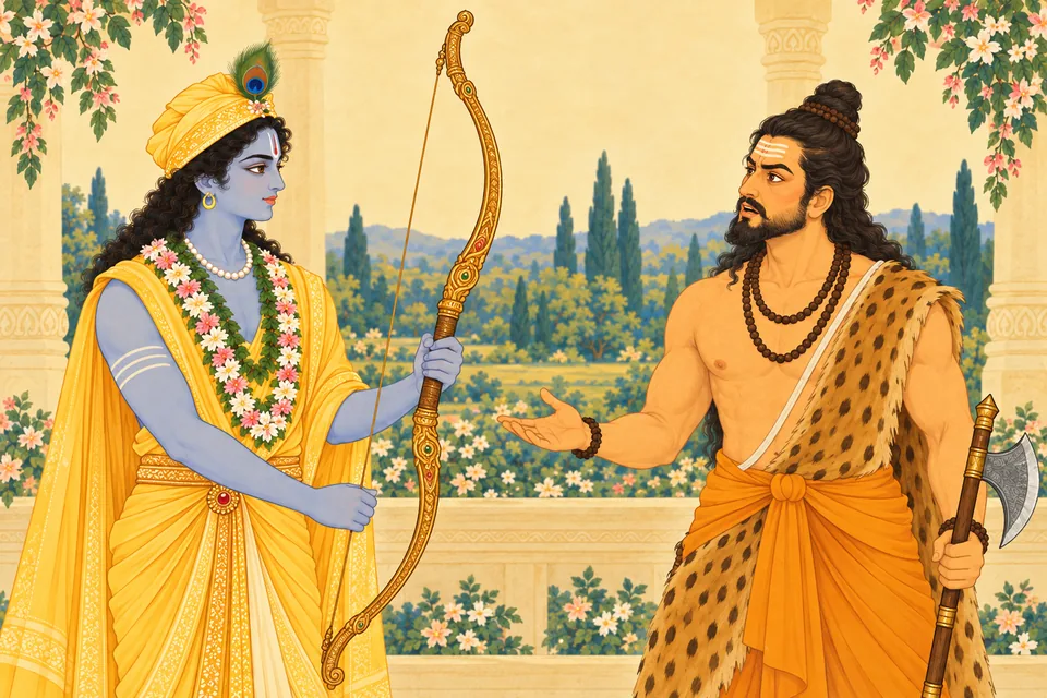 Rama holds the intact bow as Parashurama opens a hand toward him in wonder.