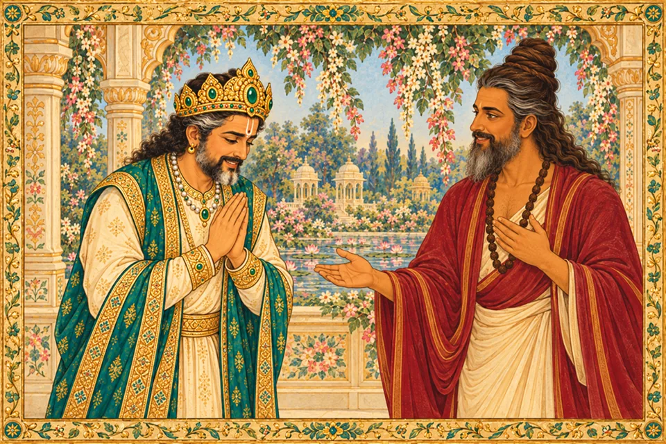 Janaka bows with joined palms before Vishvamitra, who answers gently in the flowering Mithila court.