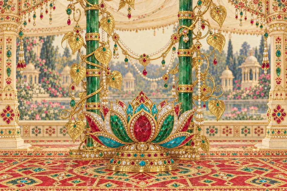 A jeweled lotus stands between jointed green-gem bamboo, golden betel leaves, and pearl strands.