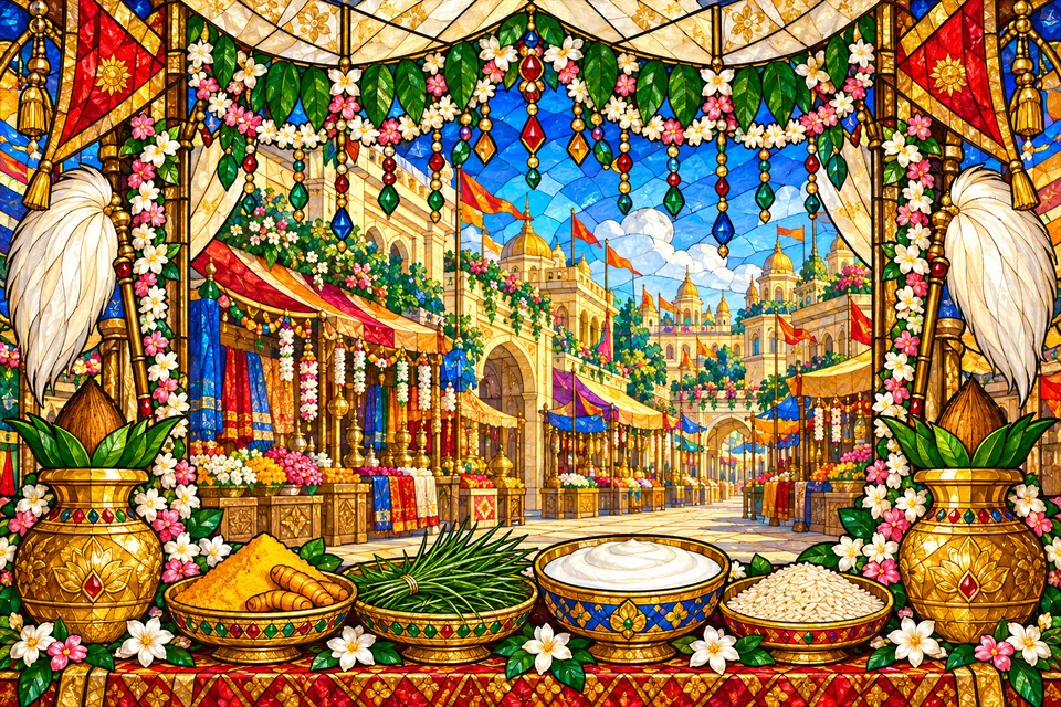 Ayodhya's decorated market displays turmeric, durva grass, curd and whole rice beneath garlands and pennants.