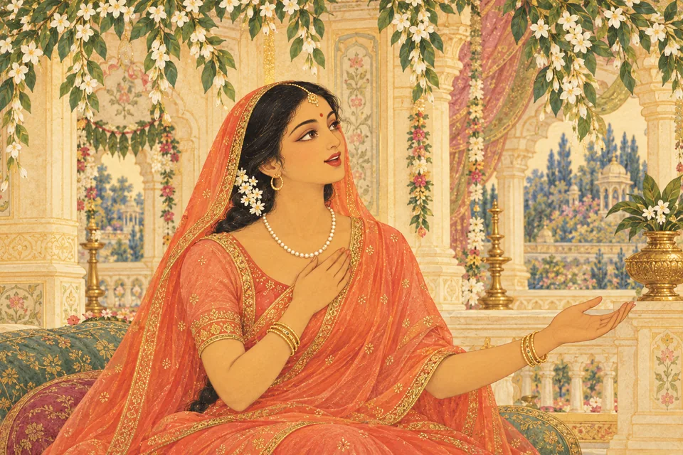 An adorned woman sings an auspicious song in Ayodhya's decorated palace.