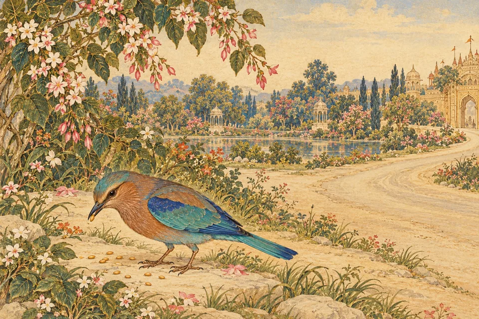 A traditional neelkanth bird feeds beside the road on the procession's left.