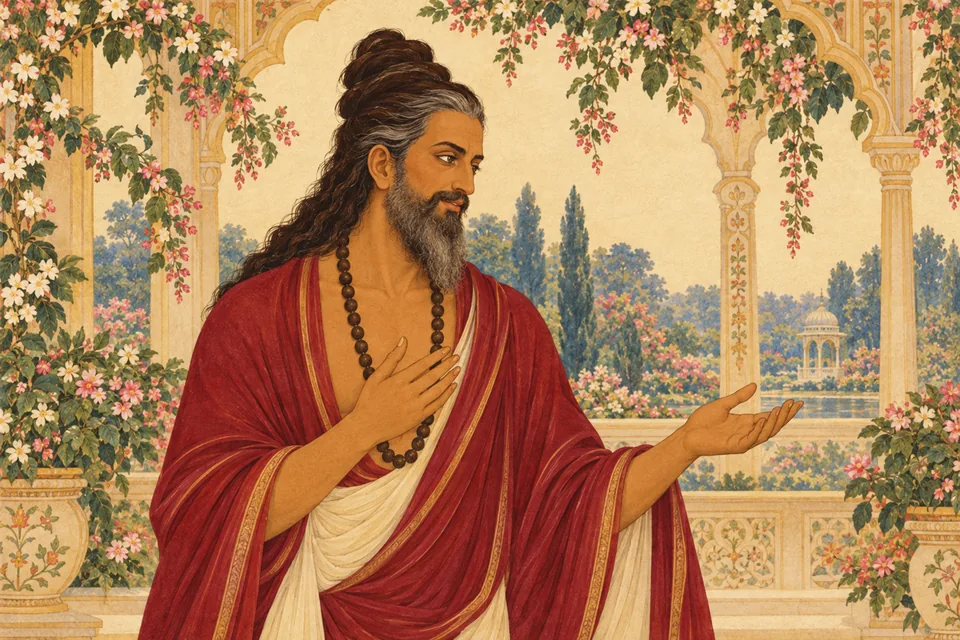 Vishvamitra asks Dasharatha about his welfare after their joyful greeting.