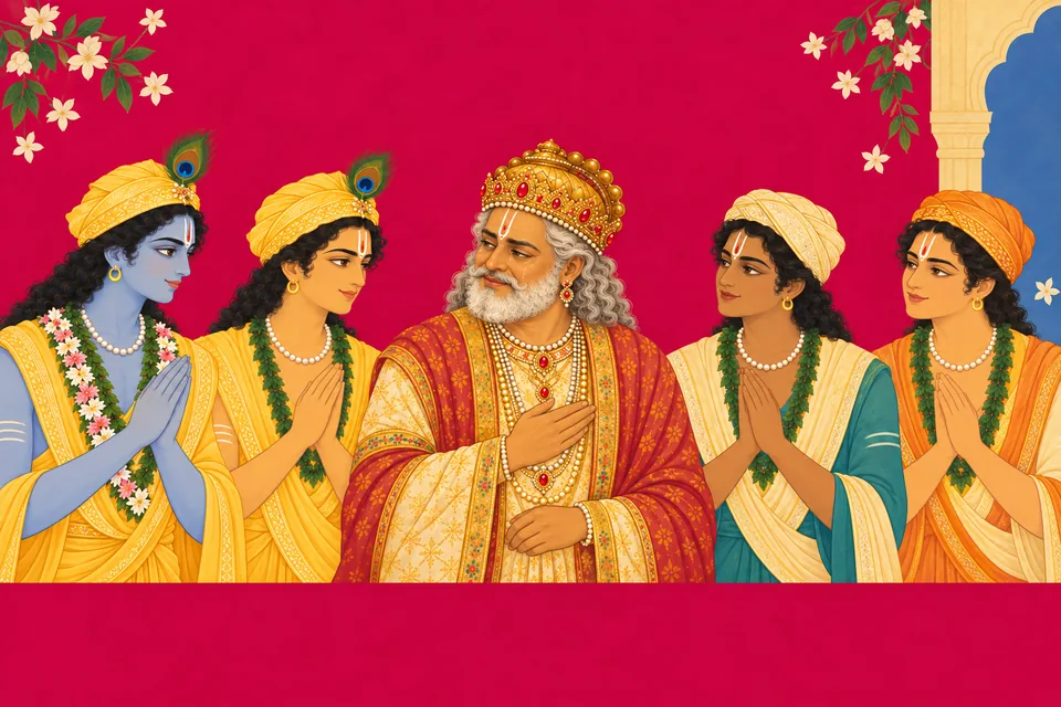 Dasharatha stands with Rama, Lakshmana, Bharata and Shatrughna at the guest lodging.