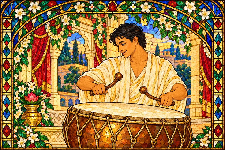 A kettledrum player announces the time for the wedding party to set forth.