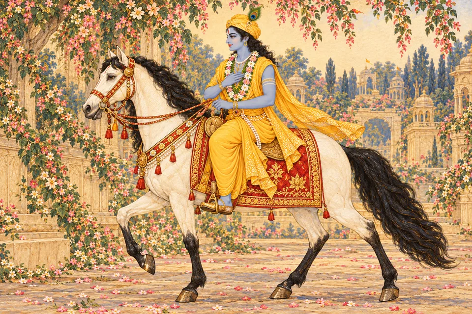 Rama rides a beautiful horse as the wedding procession proceeds.